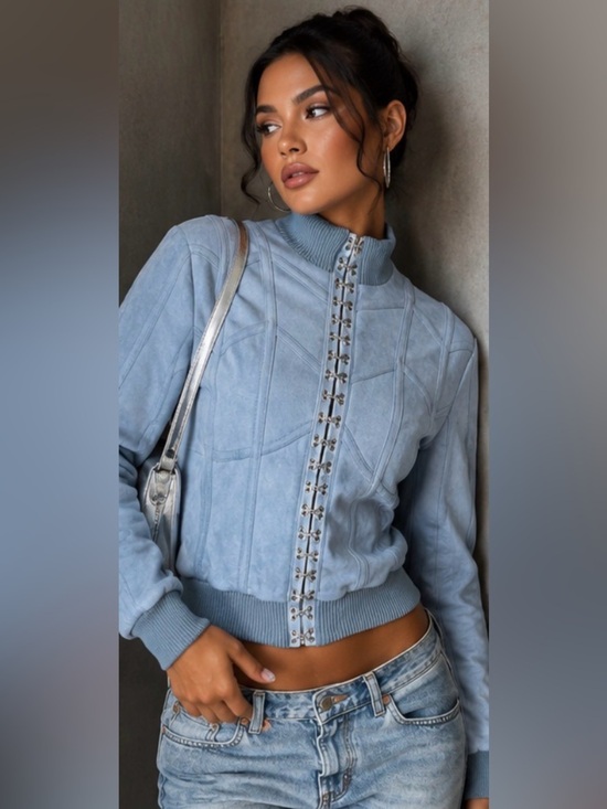 House of CB Jackets & Blazers - House of CB Rafal Powder Blue Faux Suede Corset Bomber Cropped Y2K S